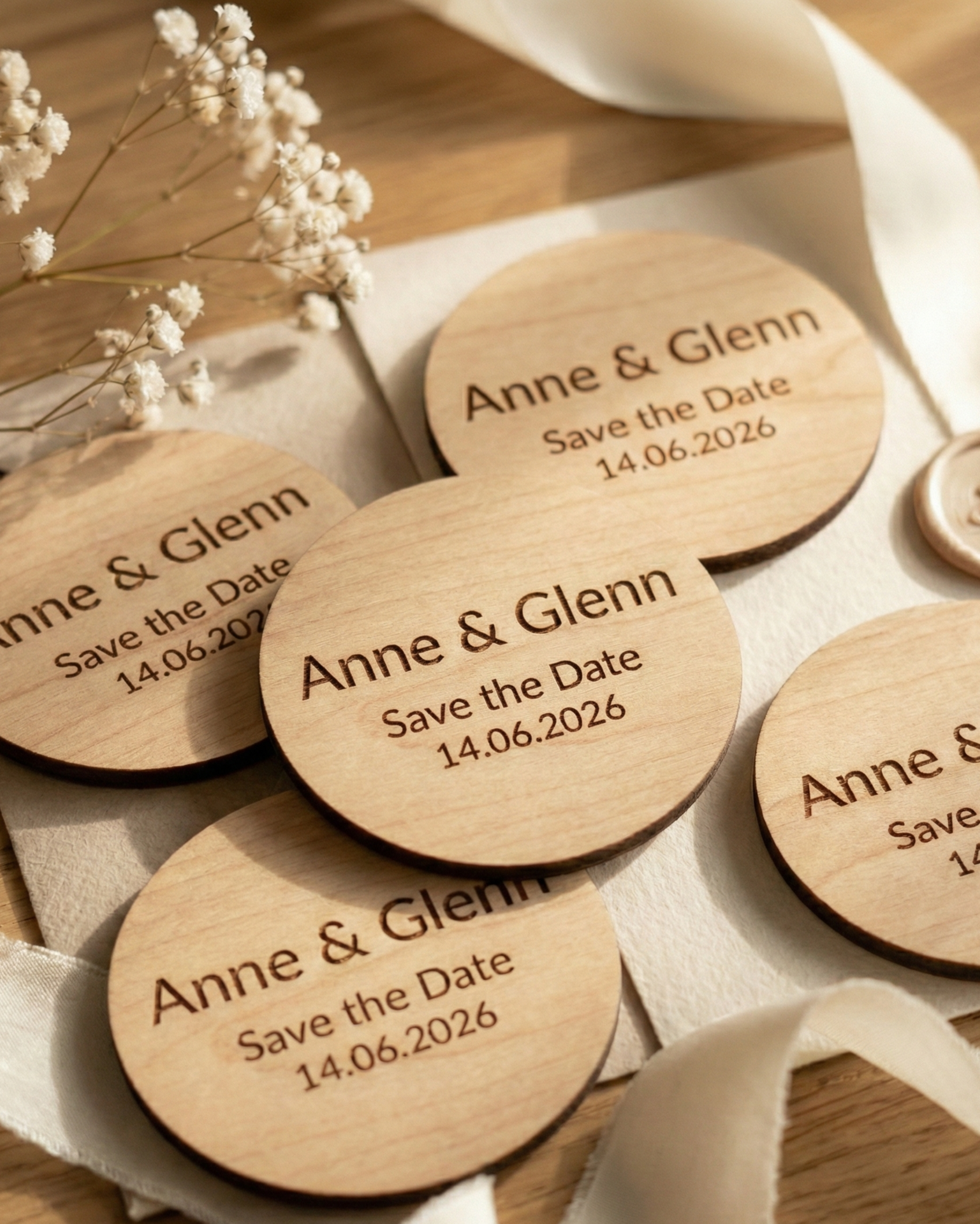 Personalisierte Save the Date Magnete Hochzeit — Holz oder Acryl