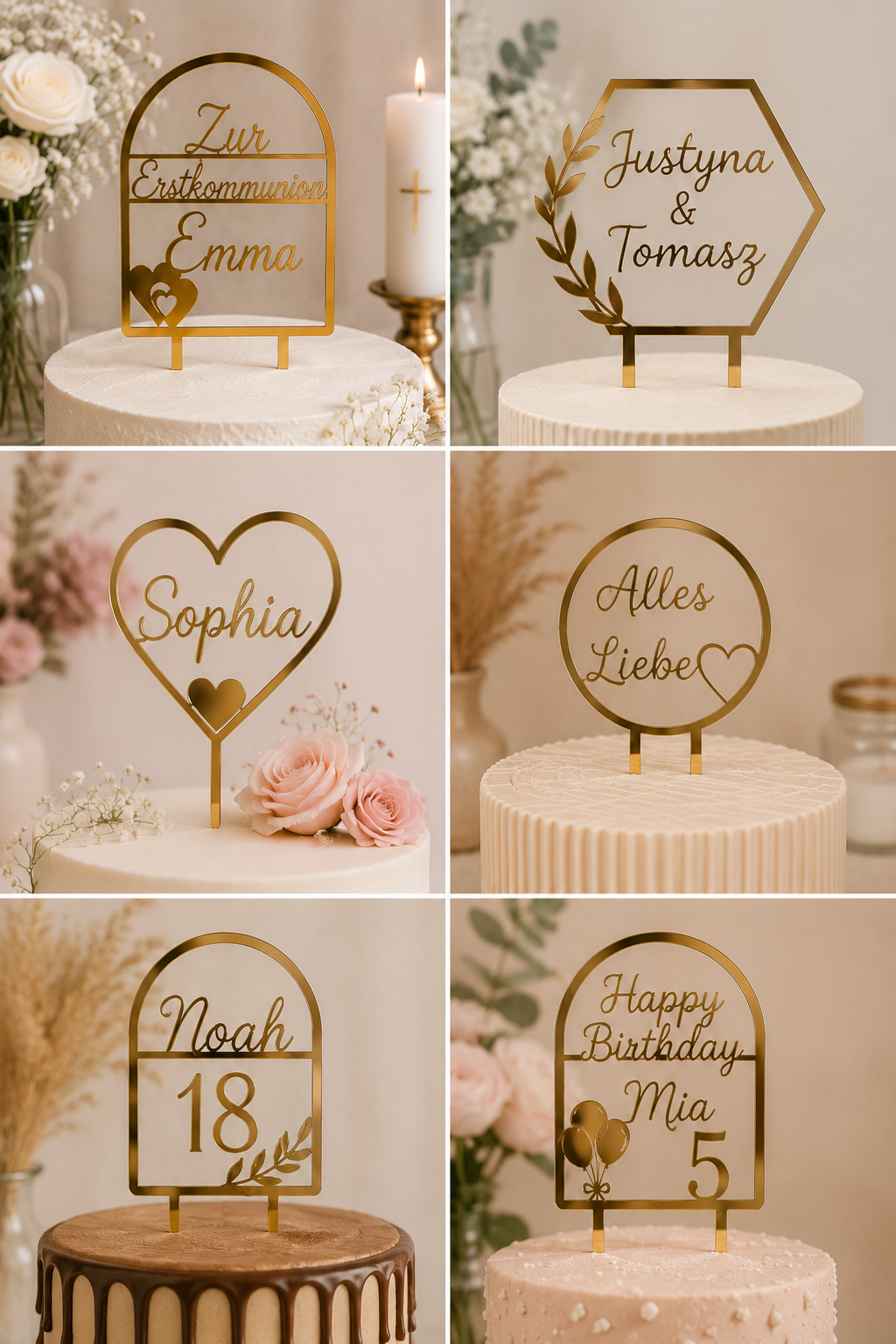 Cake Topper Mariage Personnalisé — bois, blanc ou acrylique doré