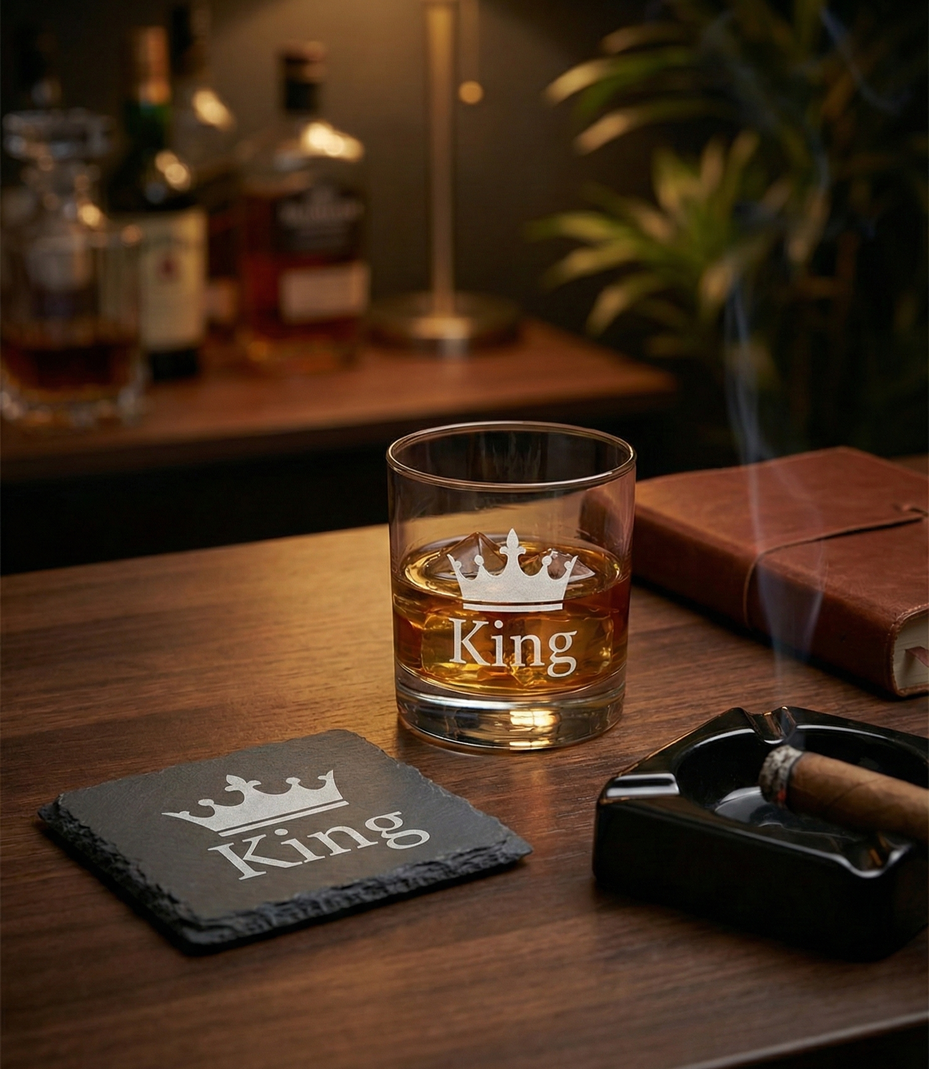 Gepersonaliseerde whiskyglazen met leistenen onderzetters