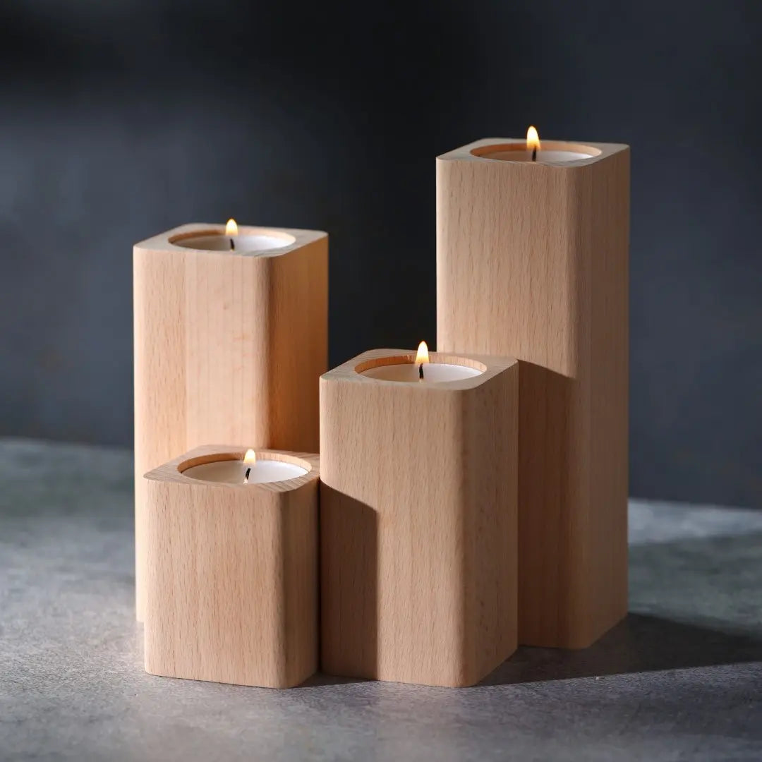 Beech rounded wooden tealight holder set of four