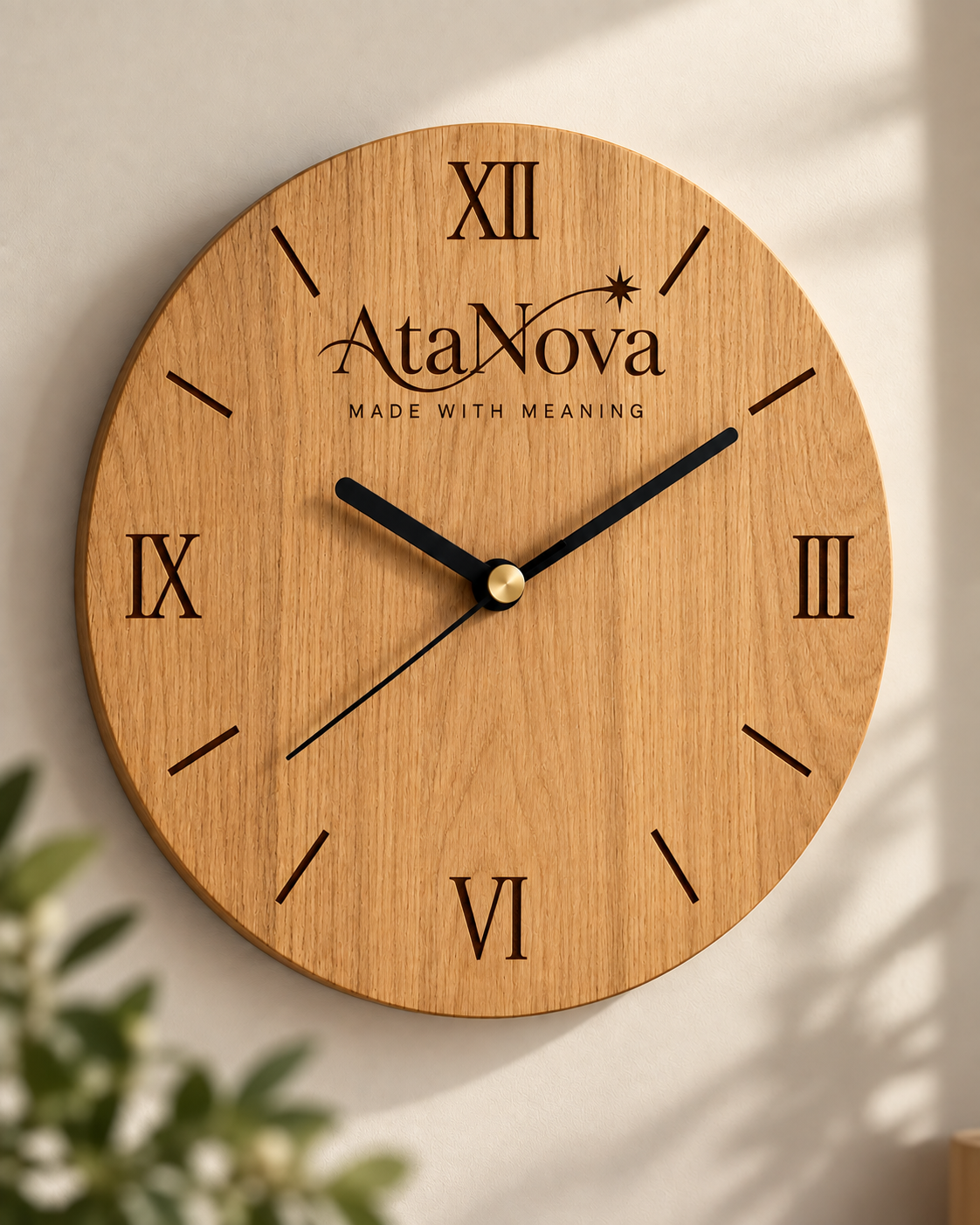 Personalised AtaNova oak wall clock with Roman numerals and Made With Meaning engraving