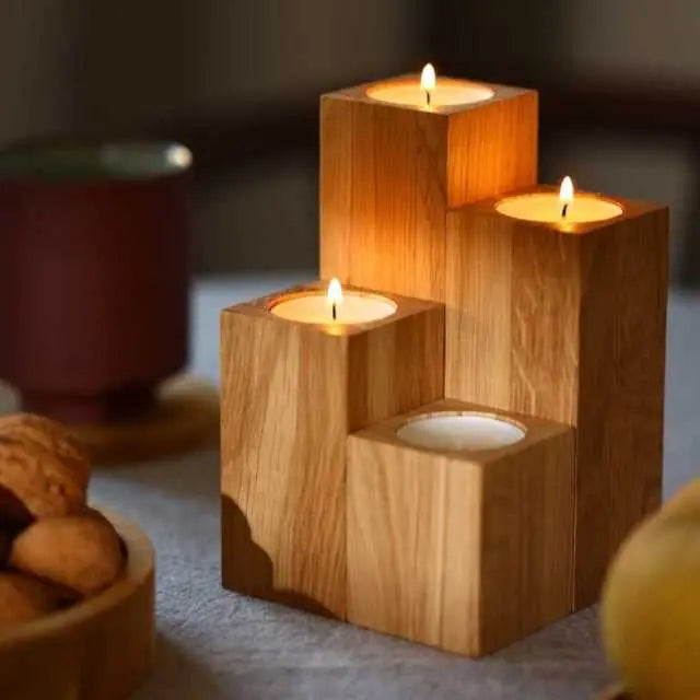 Oak straight wooden tealight holder set of four