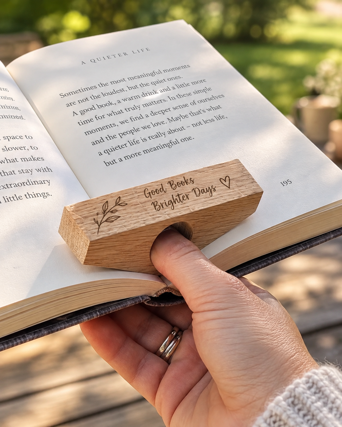 Personalised oak book page holder engraved with “Good Books Brighter Days” and a botanical motif, shown holding an open book with one hand outdoors.