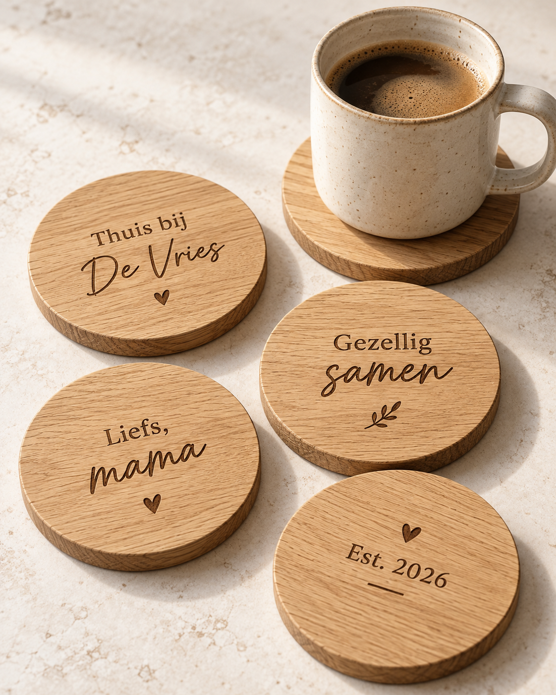 Personalised oak coaster set with Dutch family, mum and established date engravings