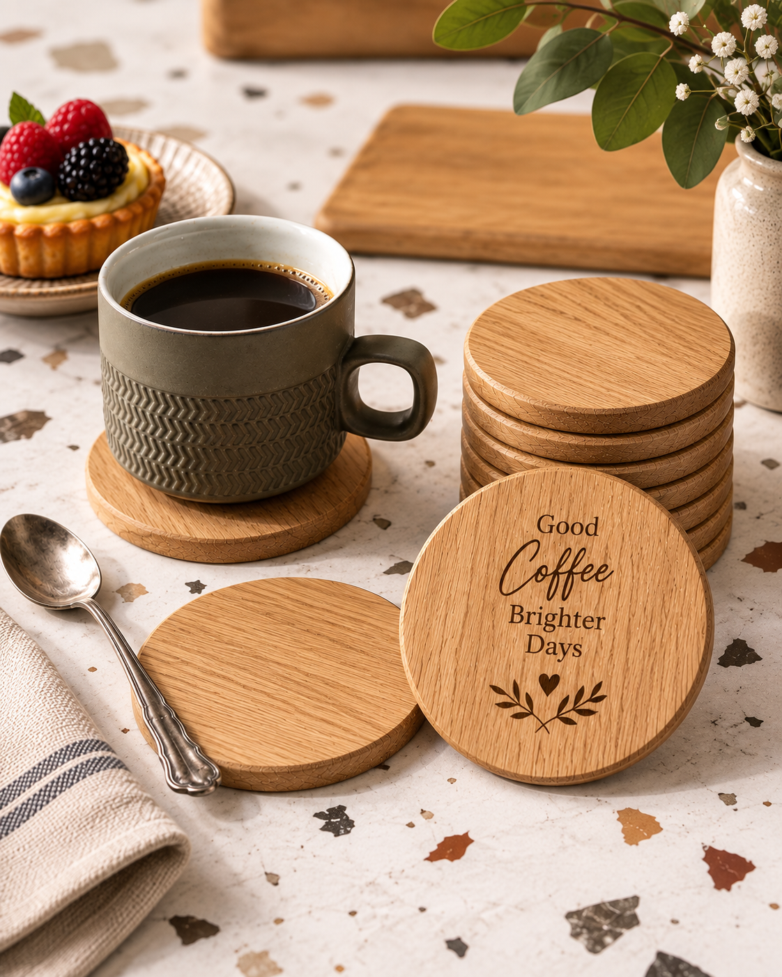 Personalised oak coaster set with Good Coffee Brighter Days engraving and coffee cup