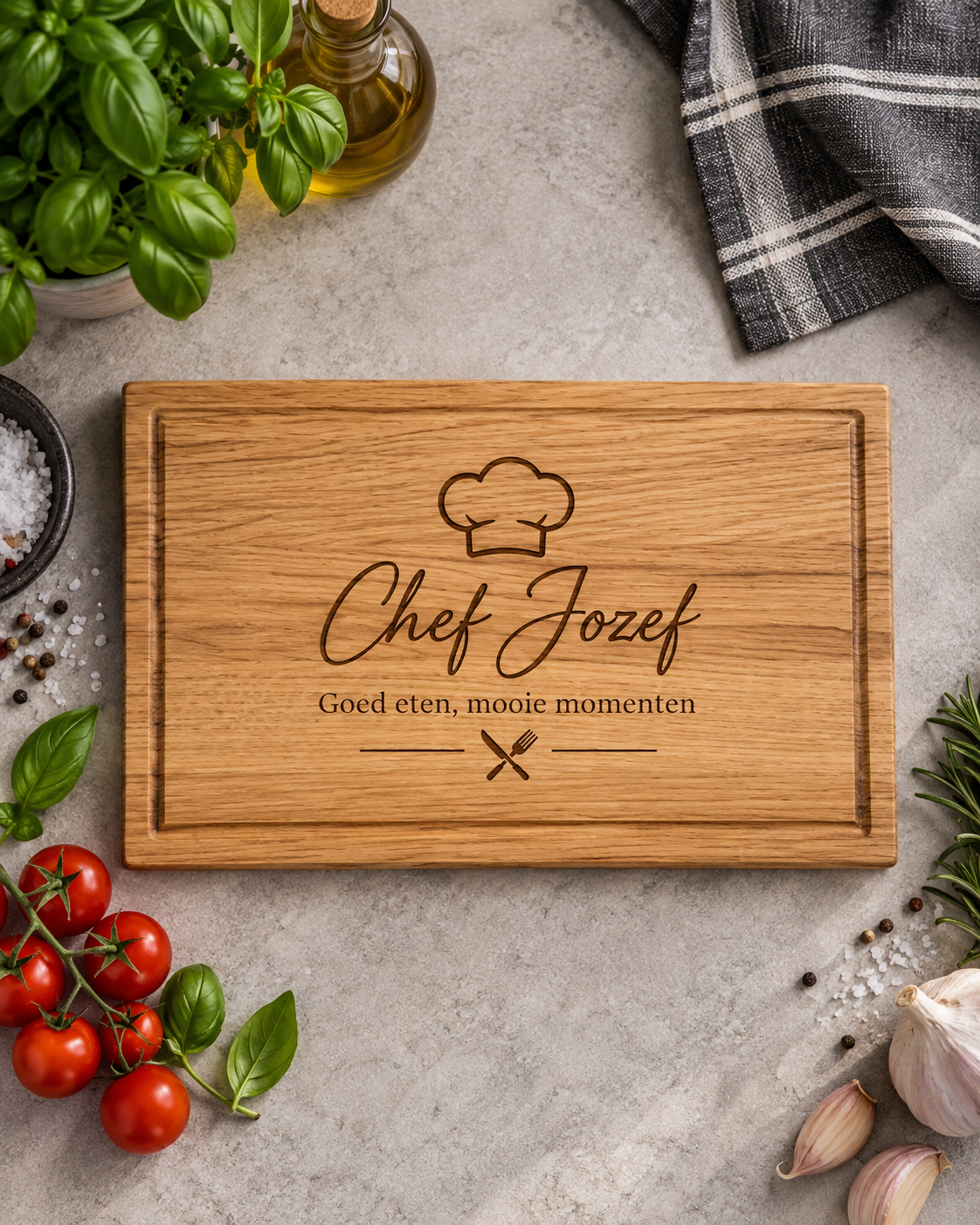 Personalised oak cutting board with juice groove engraved “Chef Jozef” and a Dutch kitchen quote