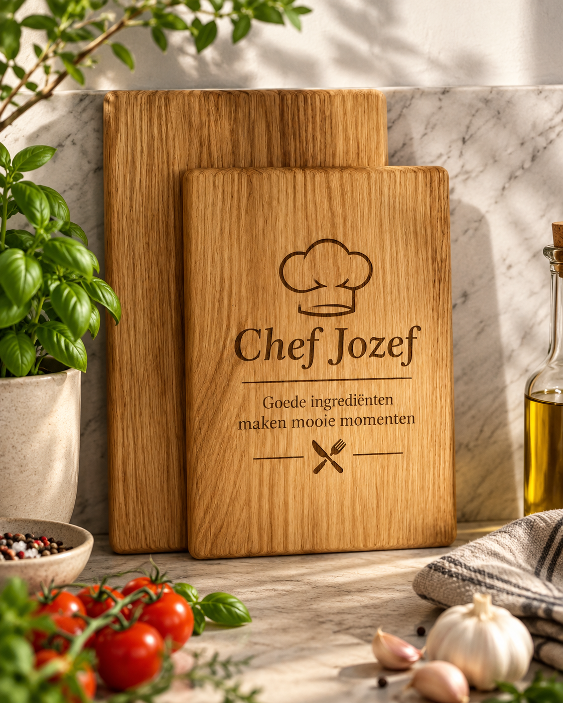 Gepersonaliseerde eiken snijplankenset met gravure ‘Chef Jozef’, rechtop gepresenteerd in een lichte keuken