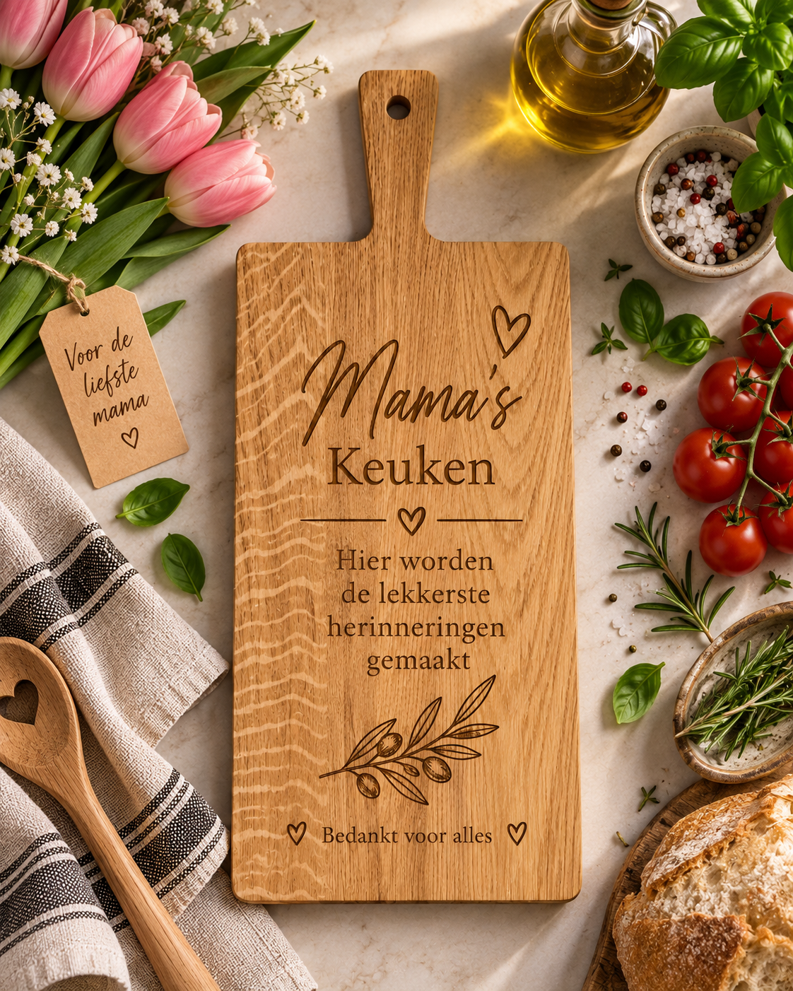 Gepersonaliseerde eiken snijplank gegraveerd met ‘Mama’s Keuken’ en een Nederlandse boodschap, gestyled als Moederdagcadeau