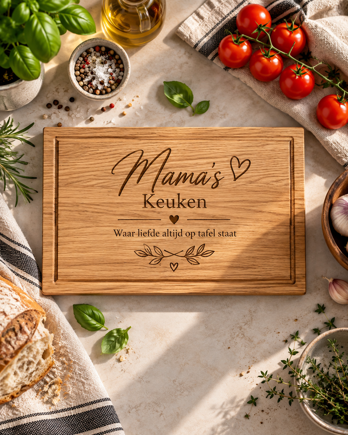 Gepersonaliseerde eiken snijplank met sapgeul, gegraveerd met ‘Mama’s Keuken’ en een Nederlandse keukentekst
