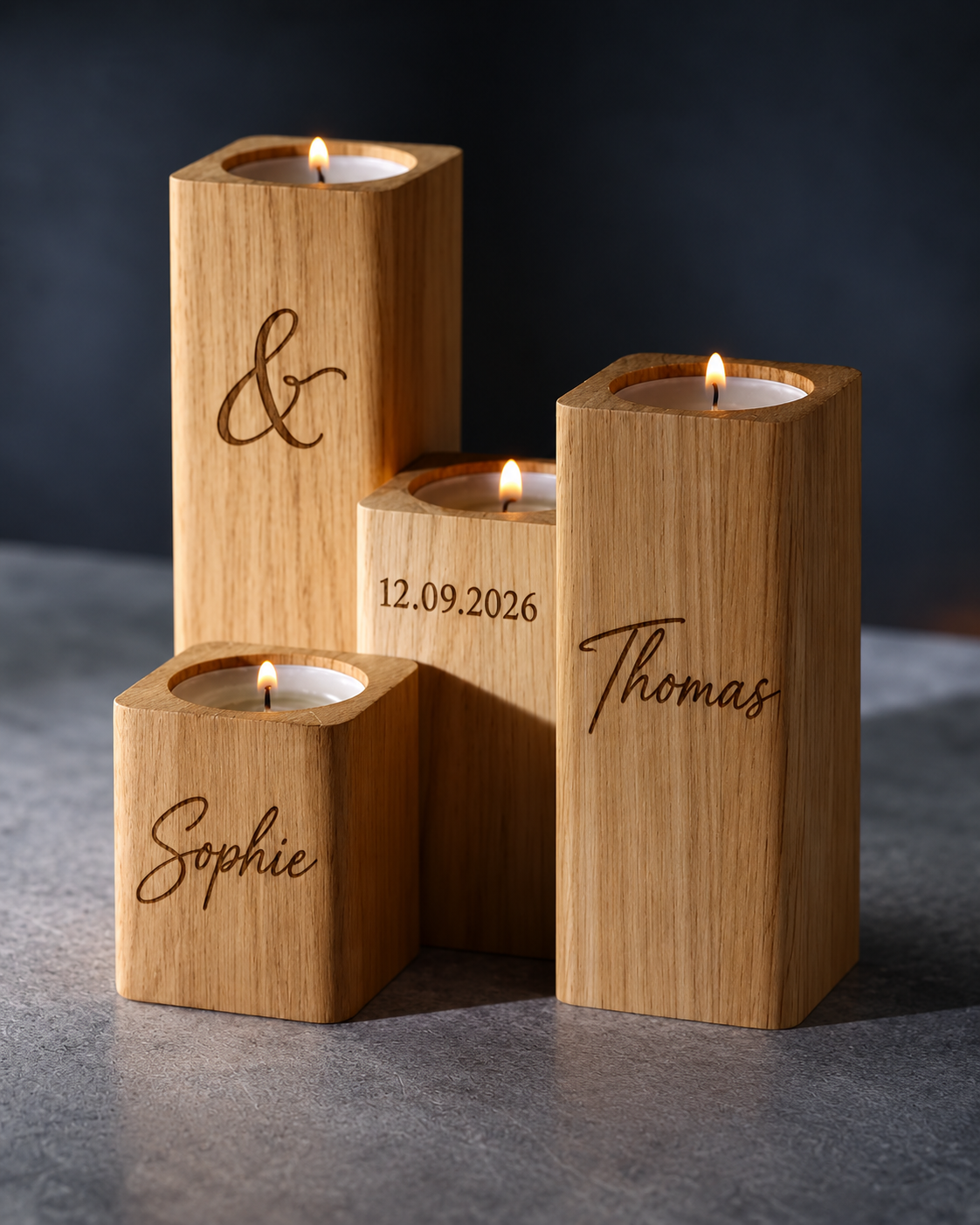 Personalised oak wooden tealight holder set with laser-engraved names and date