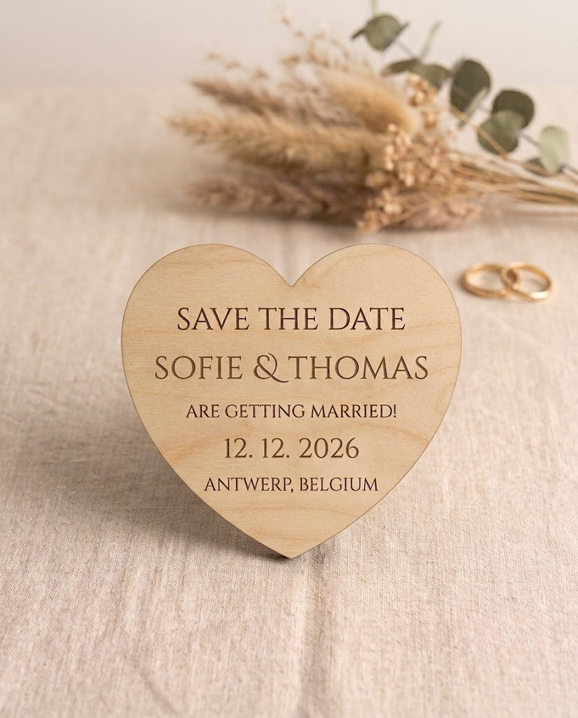 Save-the-Date-Magnete Set — individuelle Hochzeitseinladungs-Magnete aus Holz und Acryl