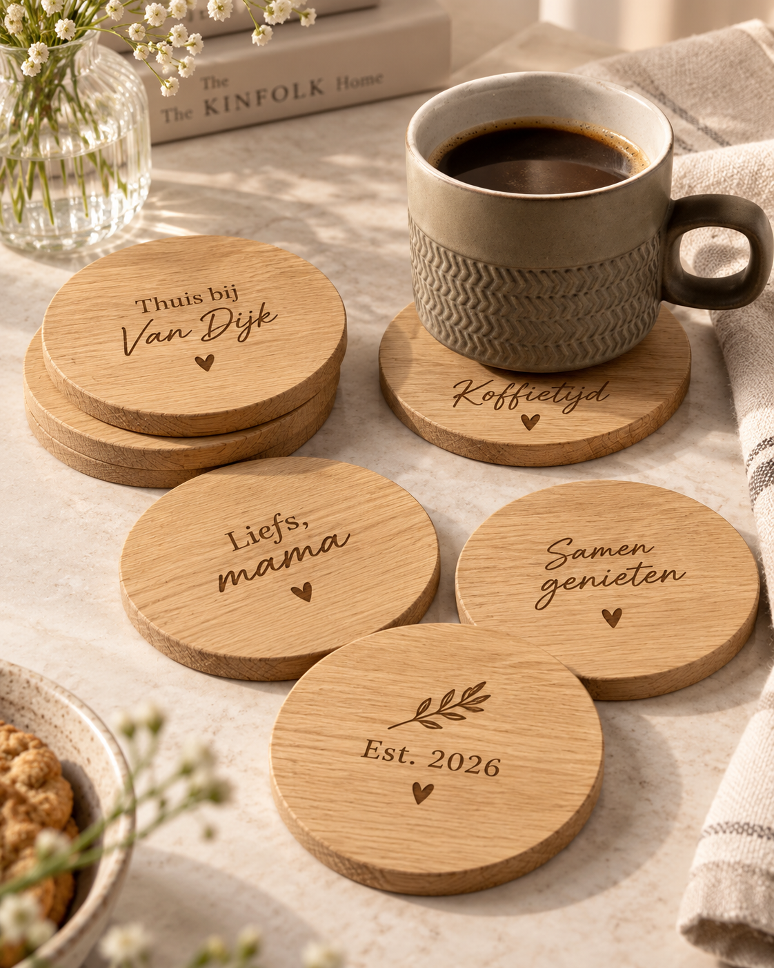 Personalised oak coaster set with Dutch family and home engraving examples
