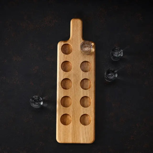 Personalised oak tasting and shot glass serving board gift for up to 10 small glasses