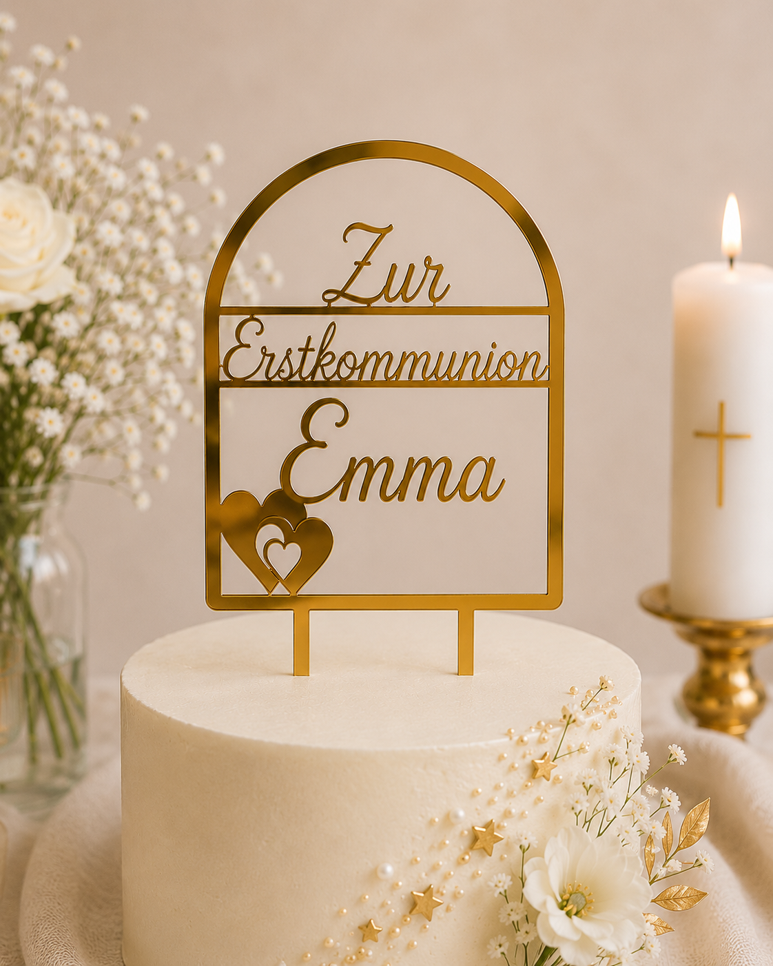 Personalised cake topper detail — laser-cut custom text premium finish