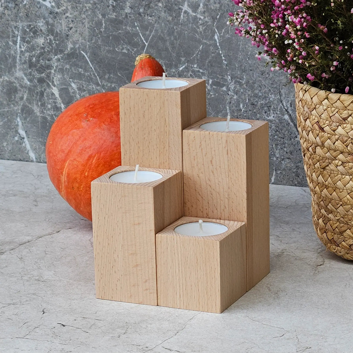 Beech straight wooden tealight holder set of four