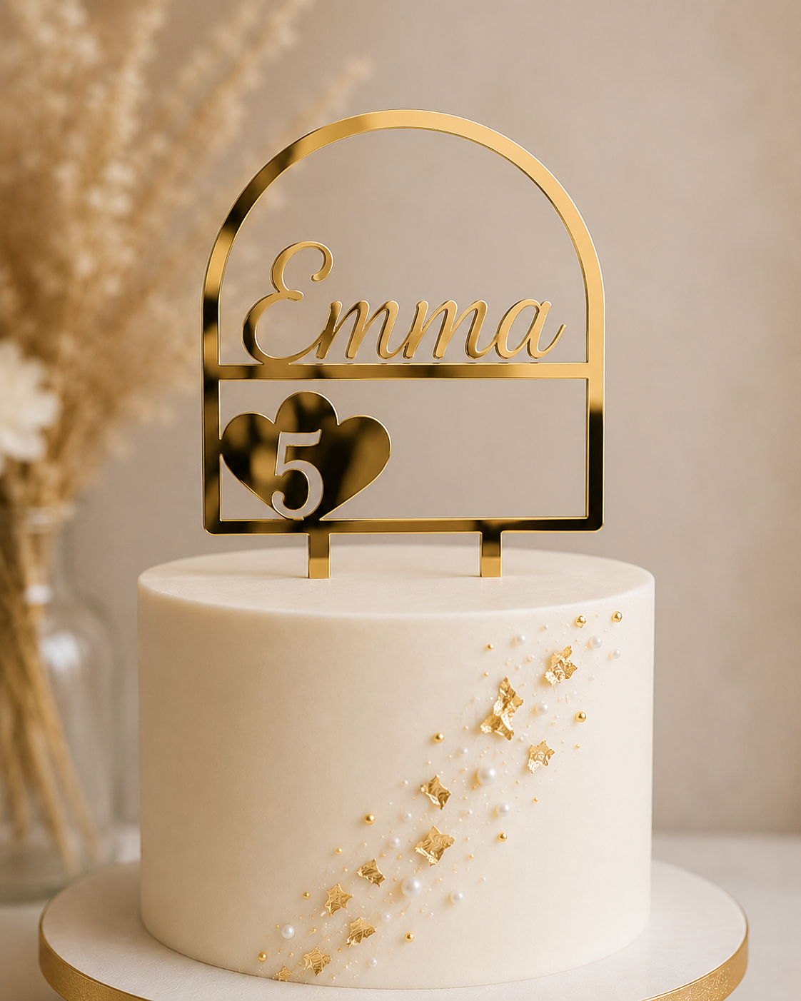 Cake topper gold mirror acrylic — elegant personalised birthday cake decoration
