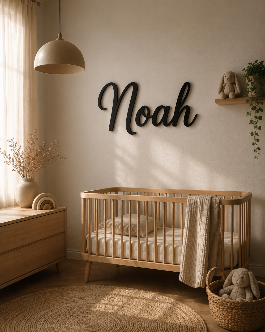 Zwarte kinderkamernaam Noah boven een houten babybed