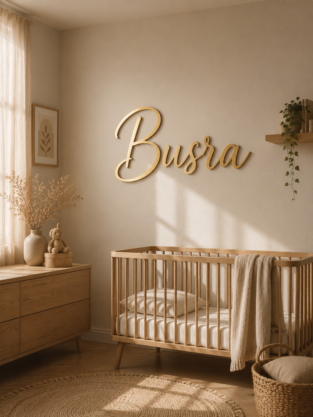 Houten kinderkamernaam Busra boven een babybed