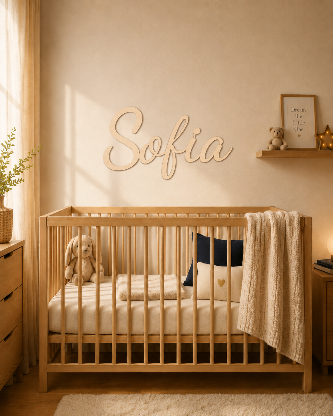 Houten kinderkamernaam Sofia boven een babybed