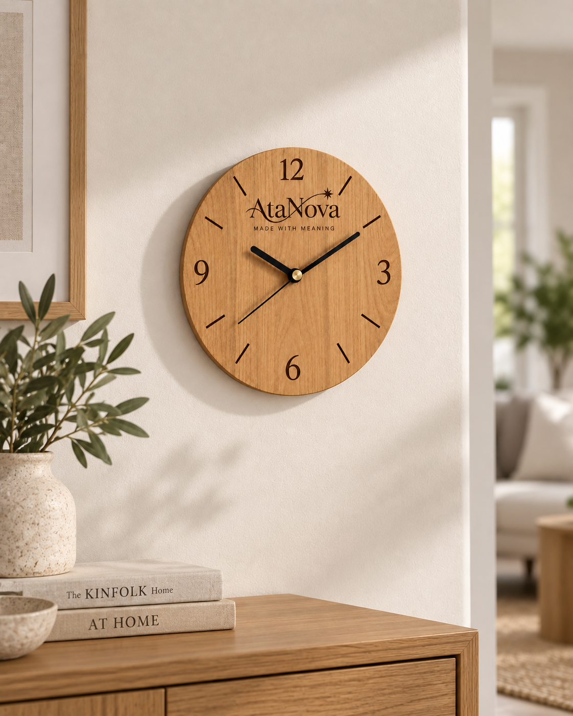 Personalised AtaNova oak wall clock with Arabic numerals displayed in a warm modern home interior