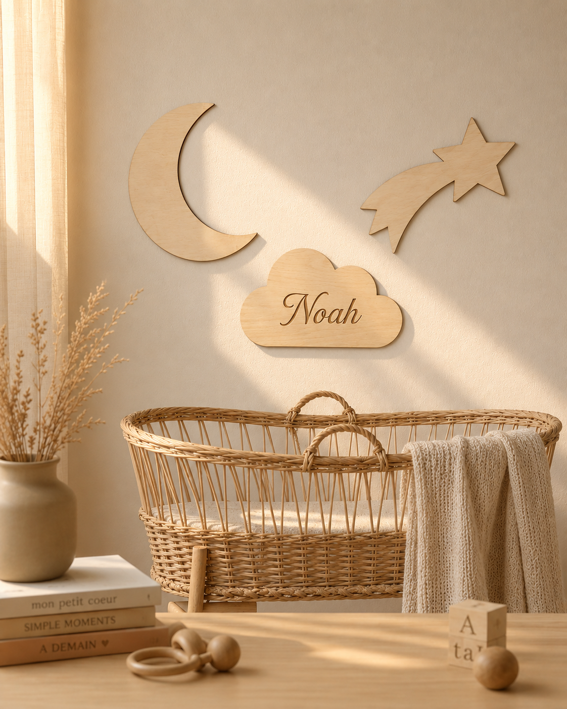 Houten wanddecoratieset met maan, vallende ster en wolk met de naam Noah