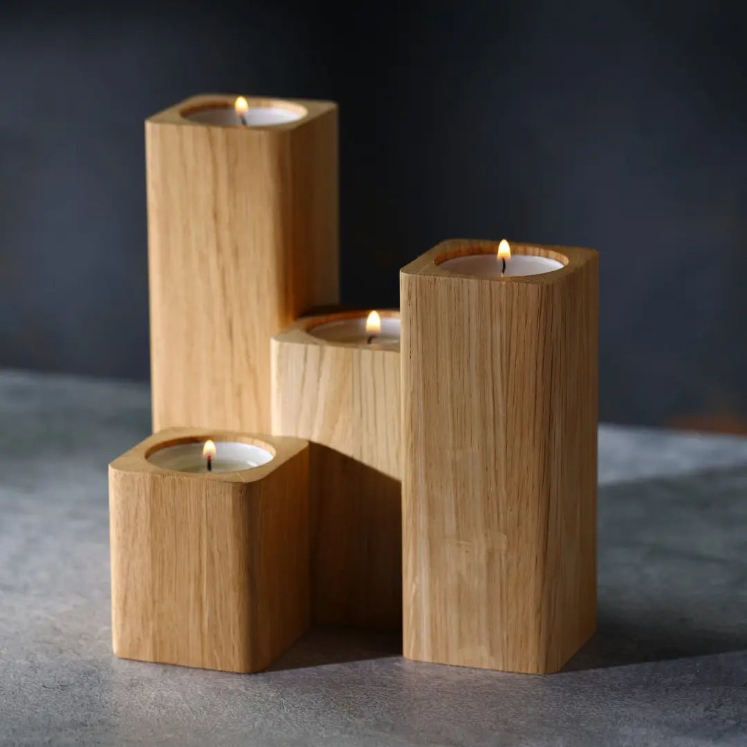 Oak rounded wooden tealight holder set of four