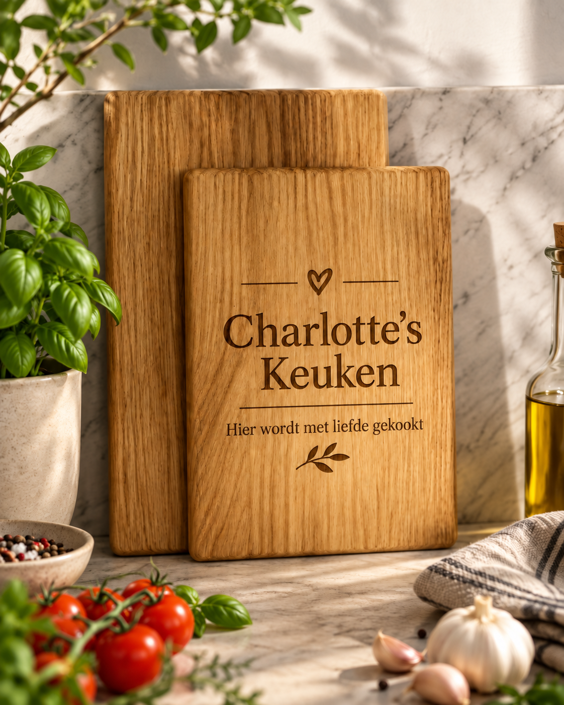 Gepersonaliseerde eiken snijplankenset gegraveerd met ‘Charlotte’s Keuken’ en Nederlandse tekst, rechtop gepresenteerd in een keuken