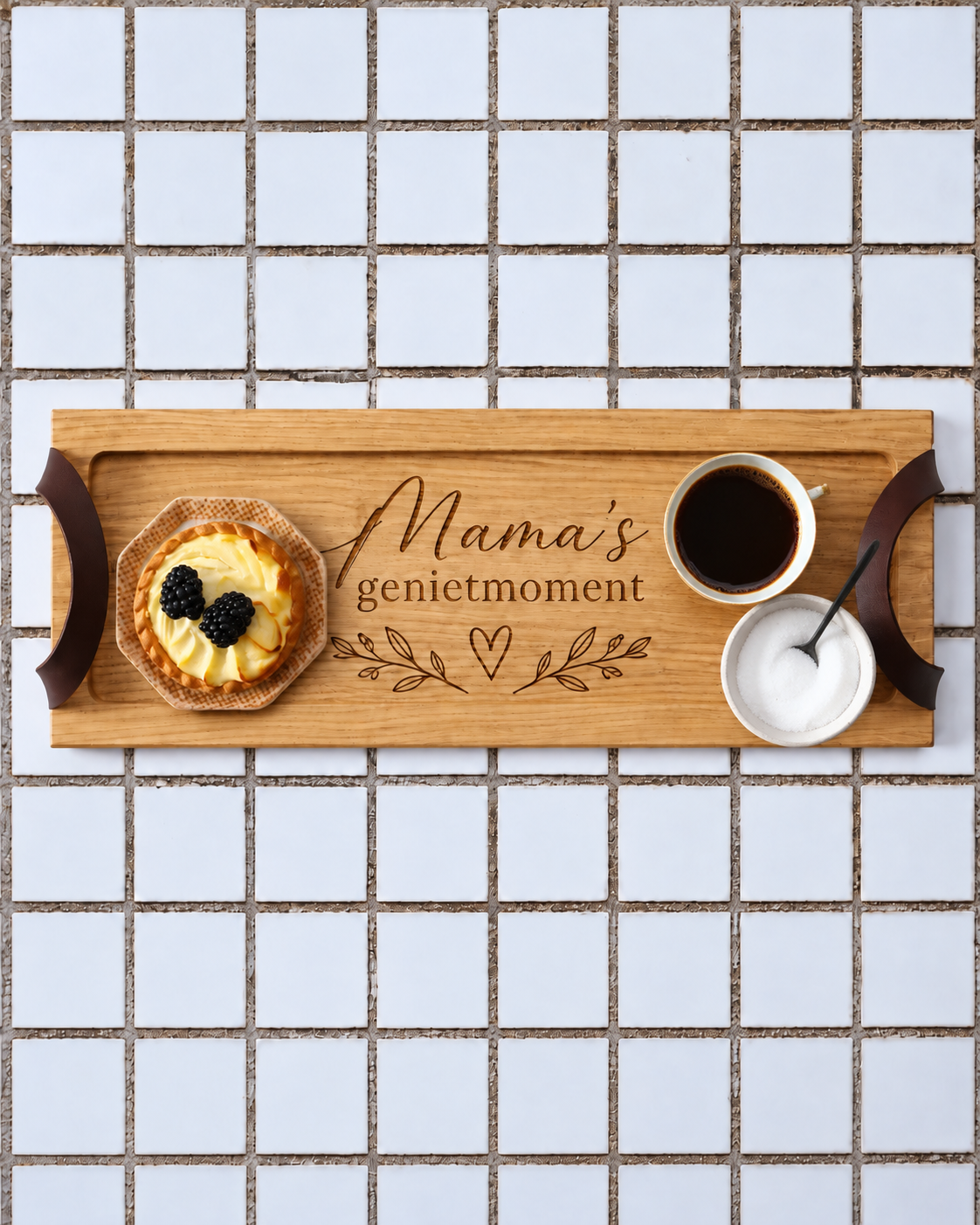 Personalised oak serving tray with leather handles, Mama's genietmoment engraving, coffee and pastry