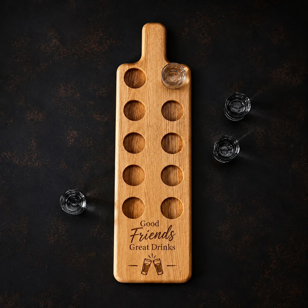 Personalised oak shot glass serving board with 10 glass recesses and Good Friends Great Drinks engraving