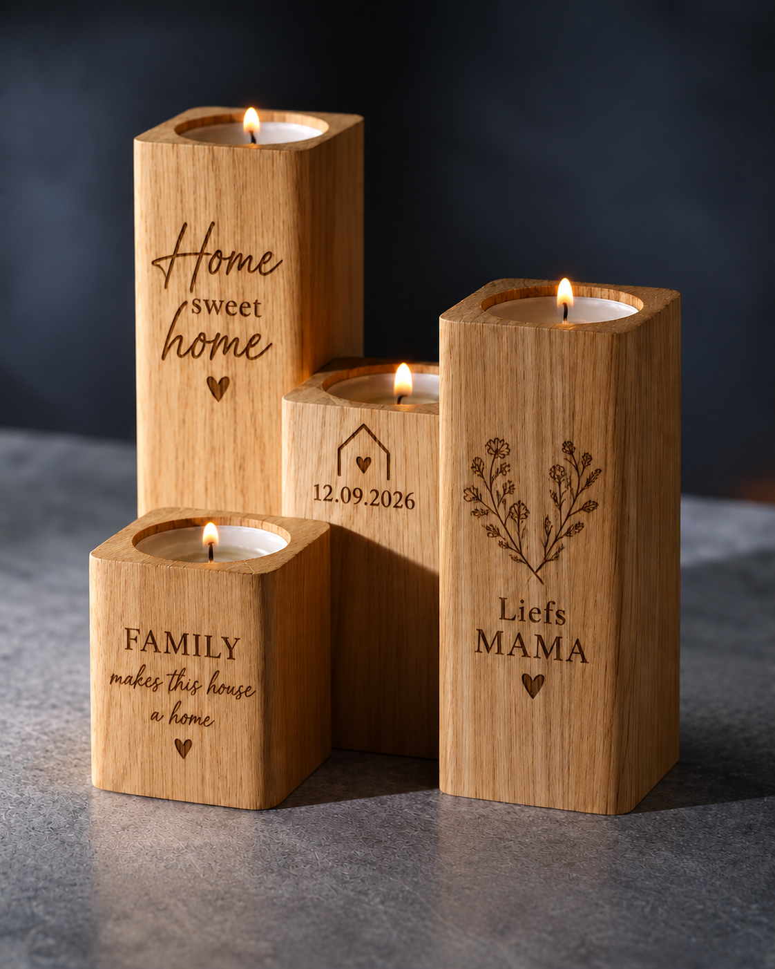 Personalised wooden tealight holder set with home, family and mum engraving examples