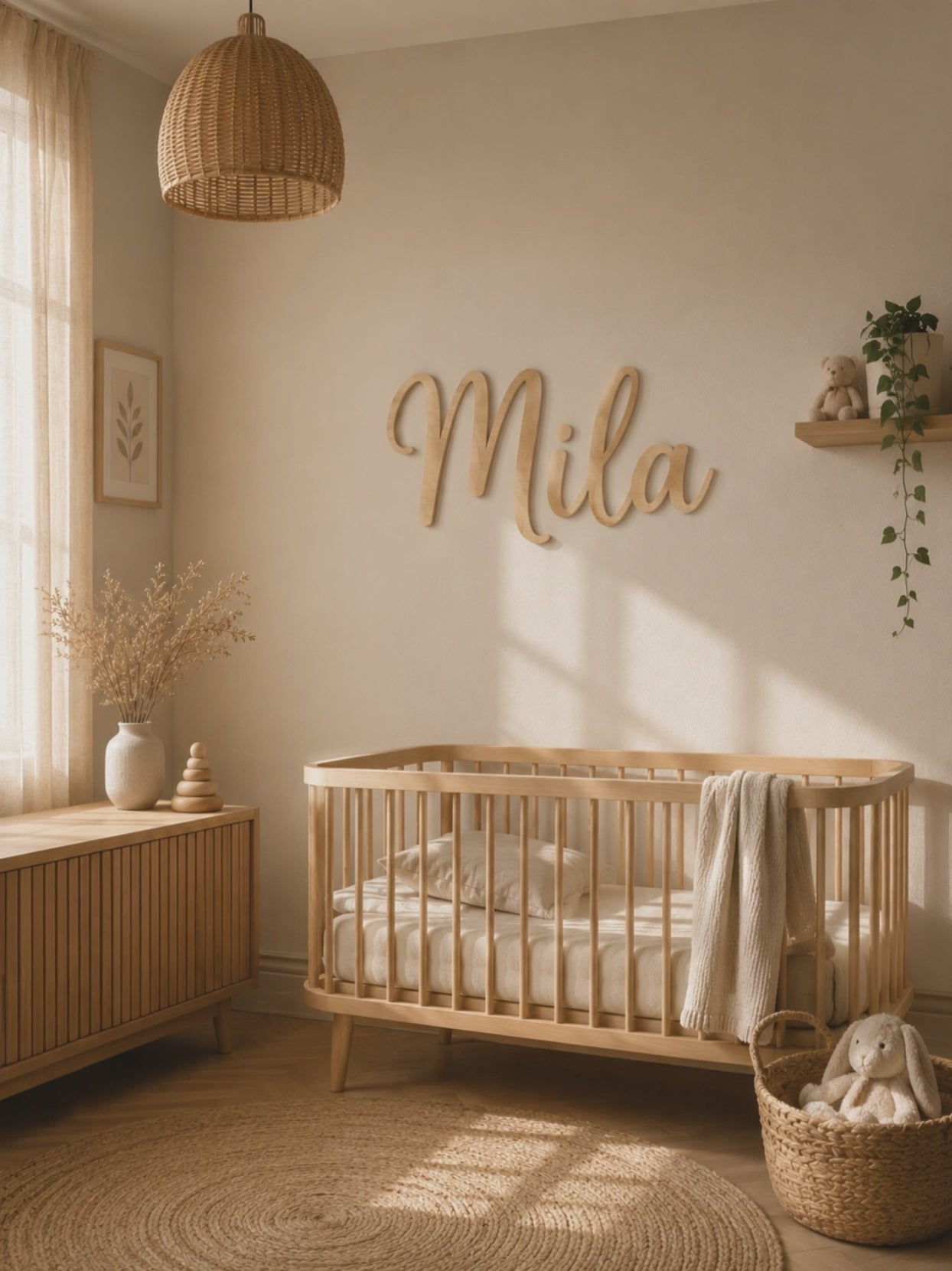 Video van de houten kinderkamernaam Mila boven een babybed