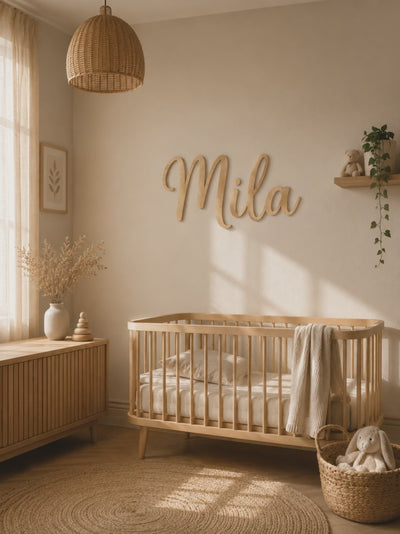 Video van de houten kinderkamernaam Mila boven een babybed
