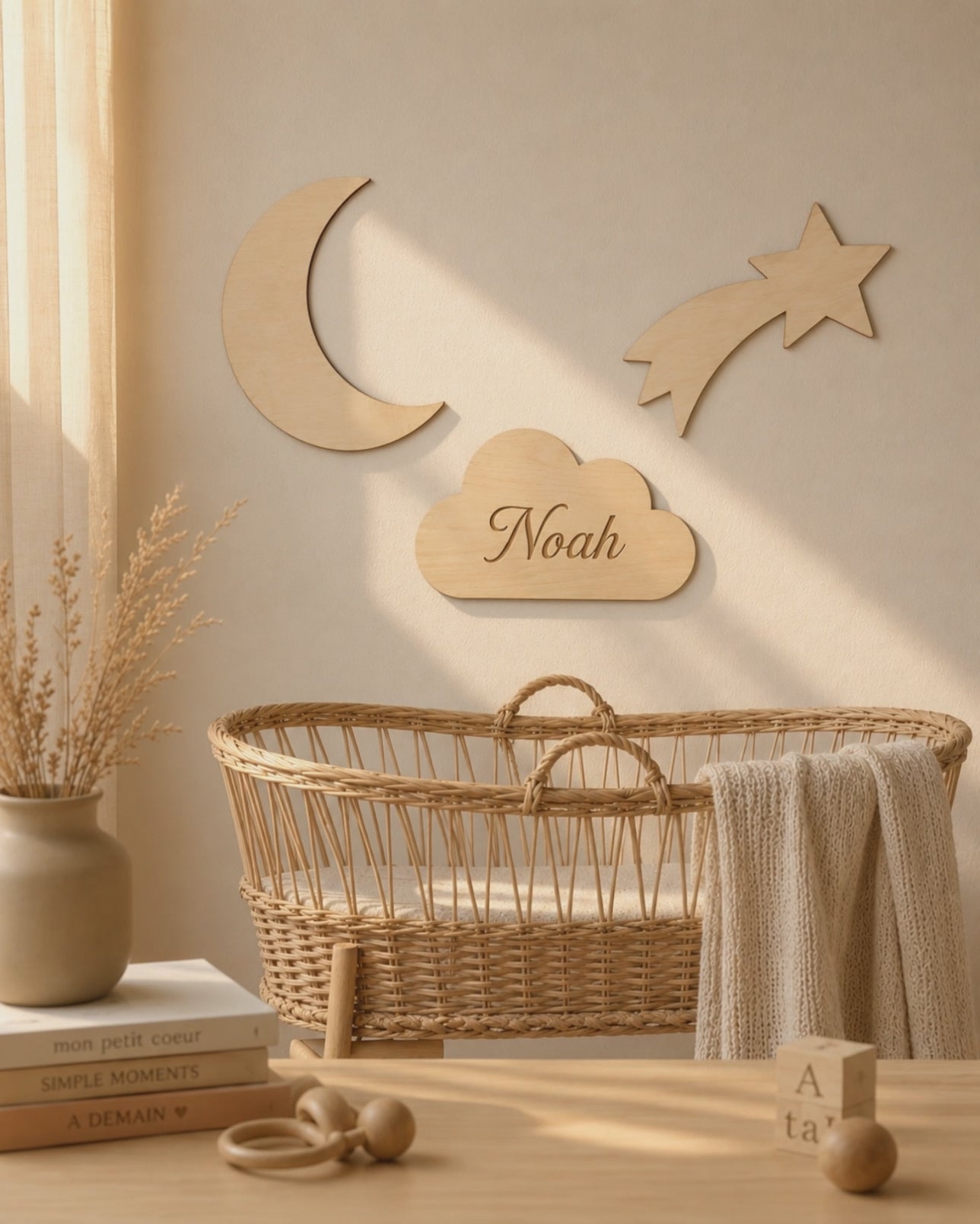 Video van een houten wanddecoratieset met maan, vallende ster en wolk met de naam Noah