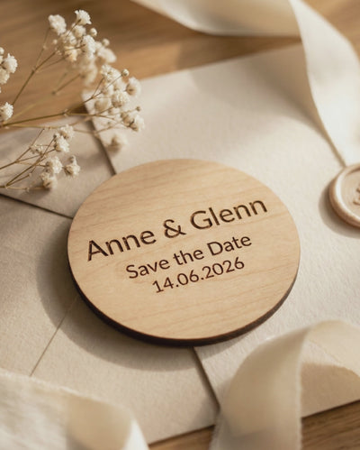 Video van een ronde houten Save the Date-magneet voor Anne & Glenn