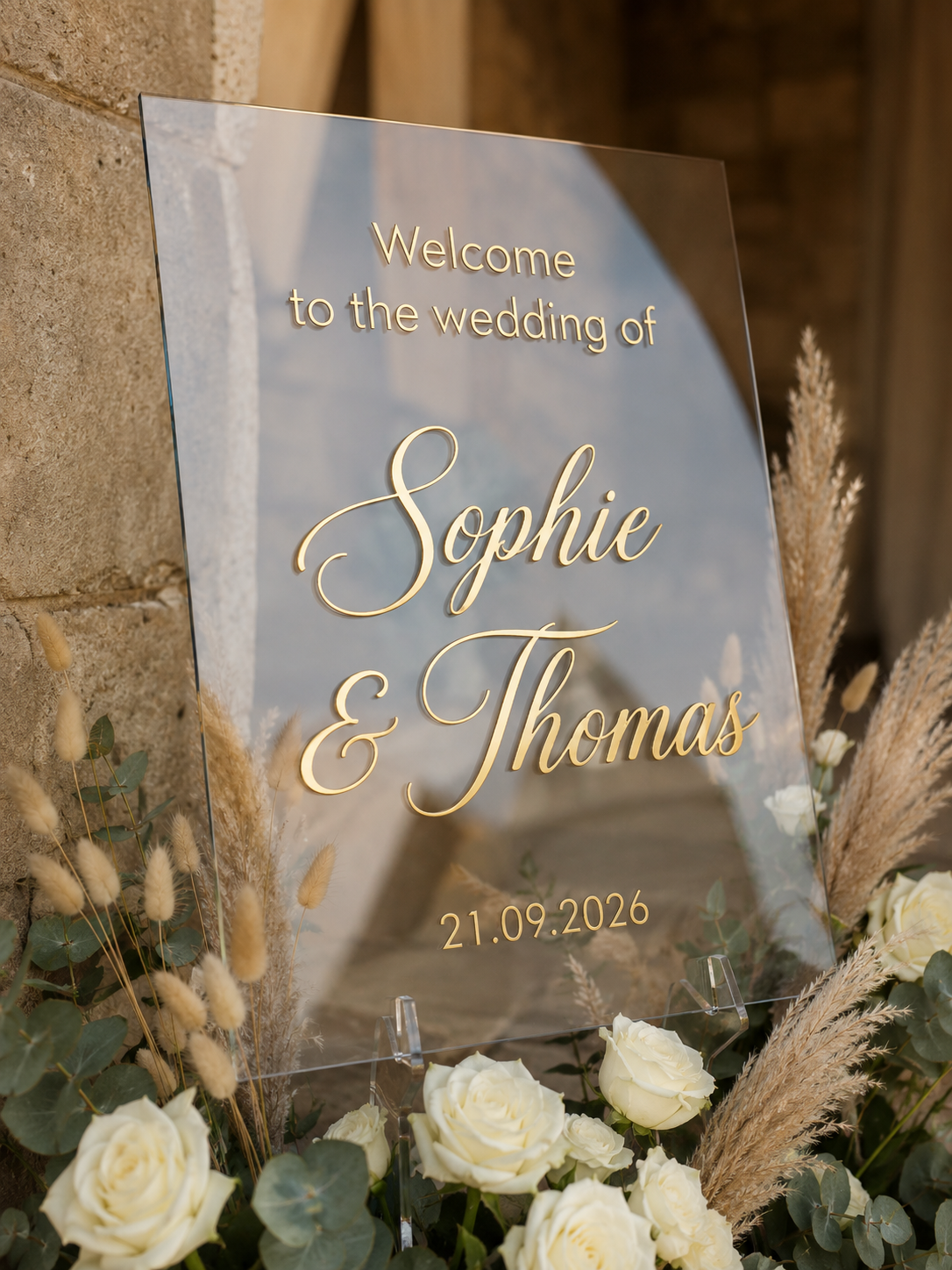 Transparant acryl trouw welkomstbord met goudkleurige 3D-letters voor Sophie & Thomas
